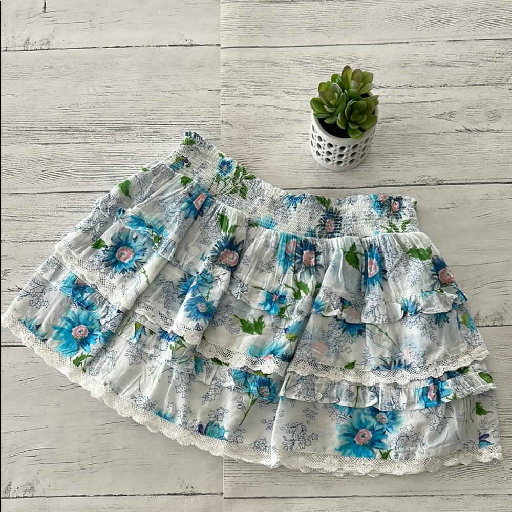 LOVESHACKFANCY Blue and White Mini Bubble Skirt with Ruffled Tiers